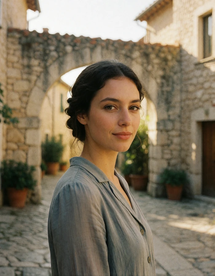 San Marinese woman in a grey-blue blouse smiling in a stone village square near an old archway