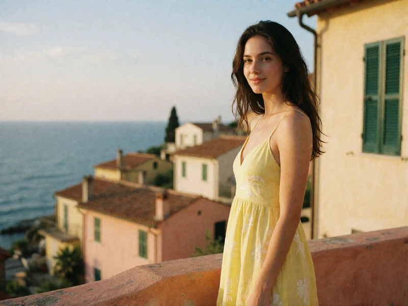 Woman in a pale yellow sundress smiling on a terrace above an Italian coastal village