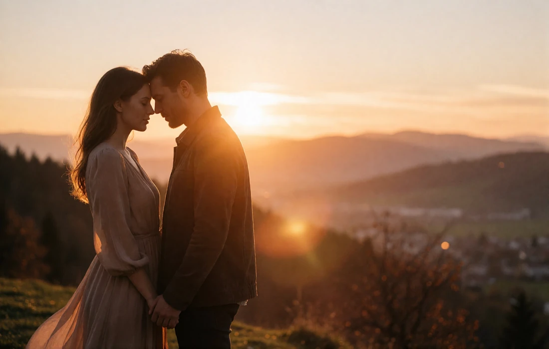 Couple standing forehead to forehead on a hillside terrace above an Austrian valley at sunset