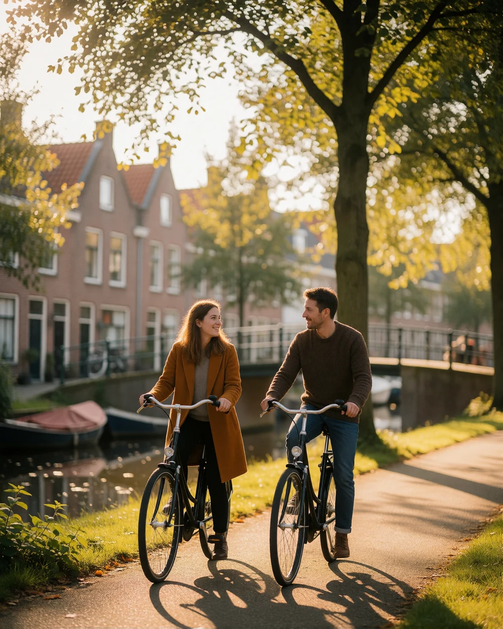 Couple walking their bicycles together along a tree-lined Dutch canal path