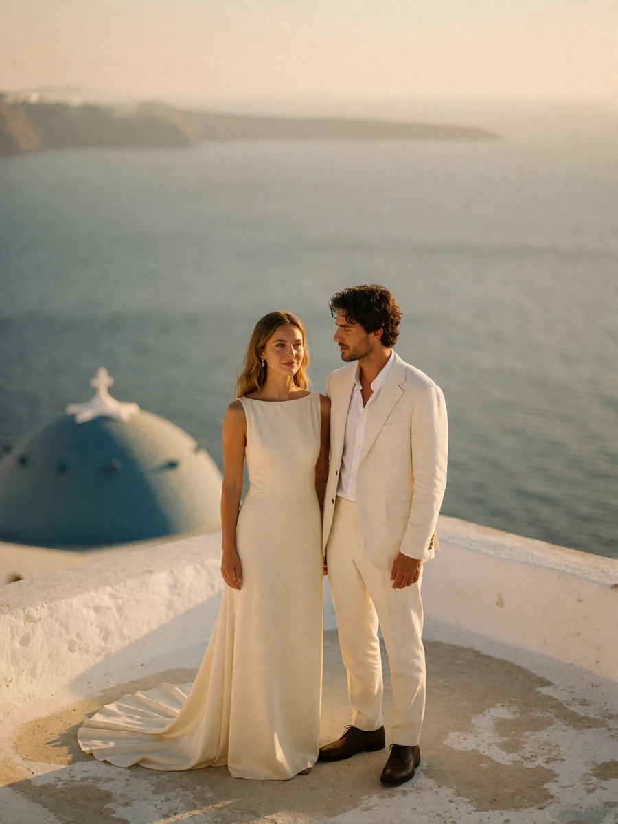 Bride and groom standing on a whitewashed clifftop terrace above the Aegean Sea