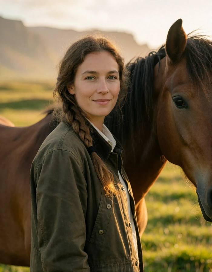 Icelandic woman in an olive jacket beside an Icelandic horse in an open pasture