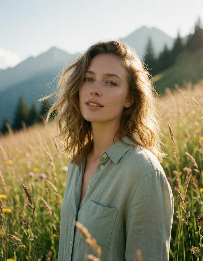 Andorran woman in a sage linen shirt standing in a high mountain meadow with wind in her hair