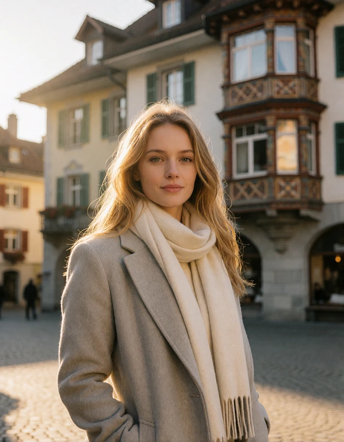Swiss woman with long golden-blonde hair in a grey wool coat in a quiet eastern Swiss town square