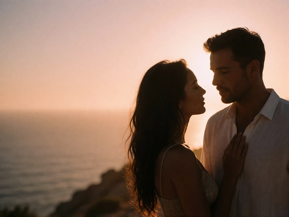 Couple standing close together in near-silhouette on a coastal viewpoint in Spain at sunset