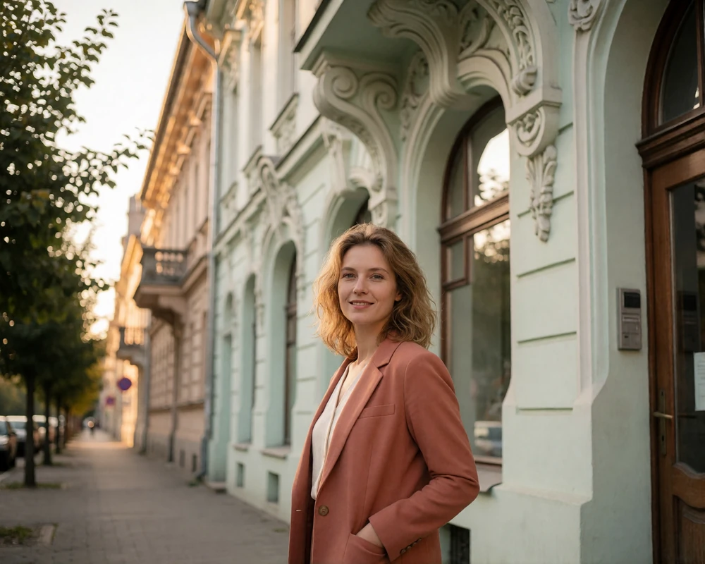 Latvian woman in a terracotta blazer on a street lined with art nouveau buildings in Riga