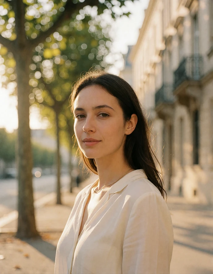 Luxembourg woman in a cream blouse smiling on a Luxembourg City boulevard lined with plane trees