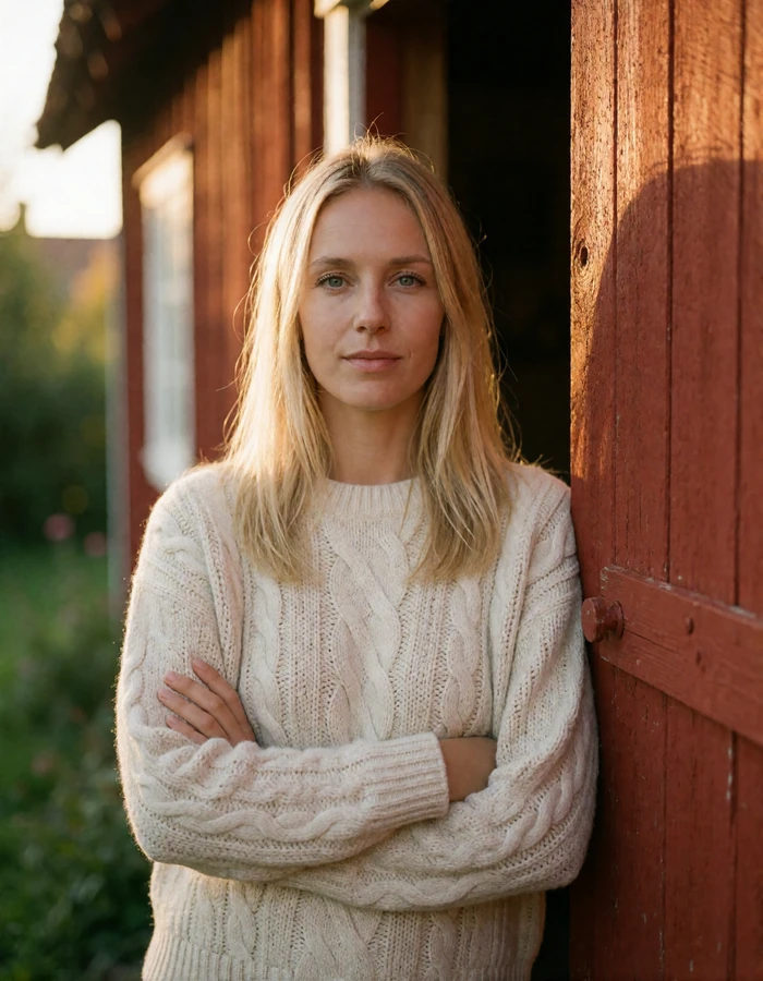 Norwegian woman in a cream sweater standing beside a red-painted wooden house door