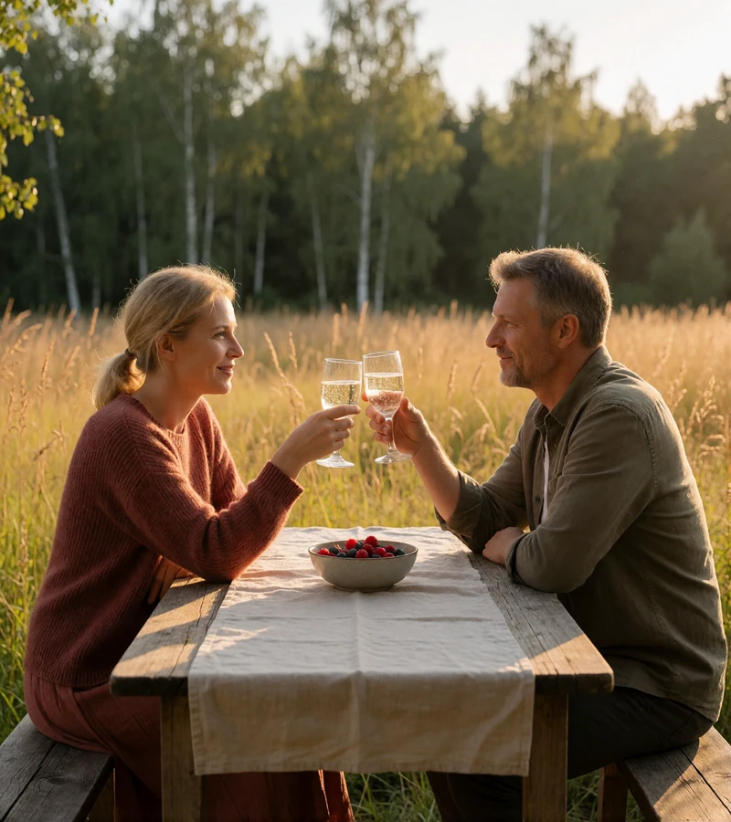 Couple raising glasses in a toast at a rustic outdoor table on a farmhouse terrace at golden hour
