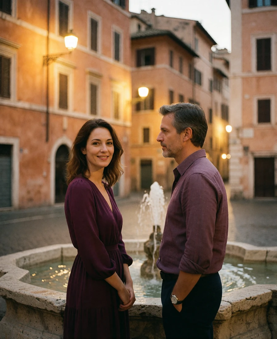Couple talking quietly beside a small stone fountain in a Roman piazza at dusk