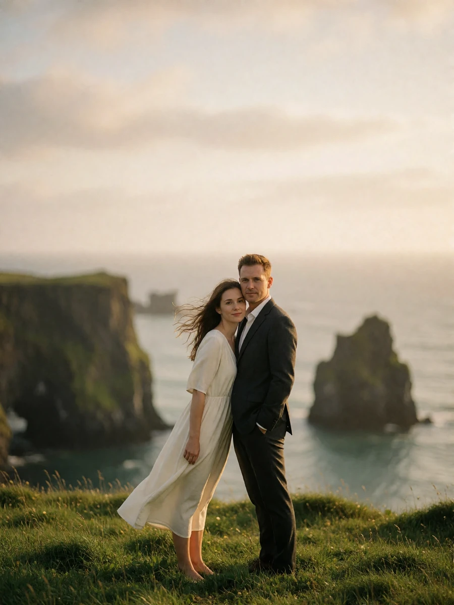 Couple standing together on a green clifftop above the ocean in Iceland