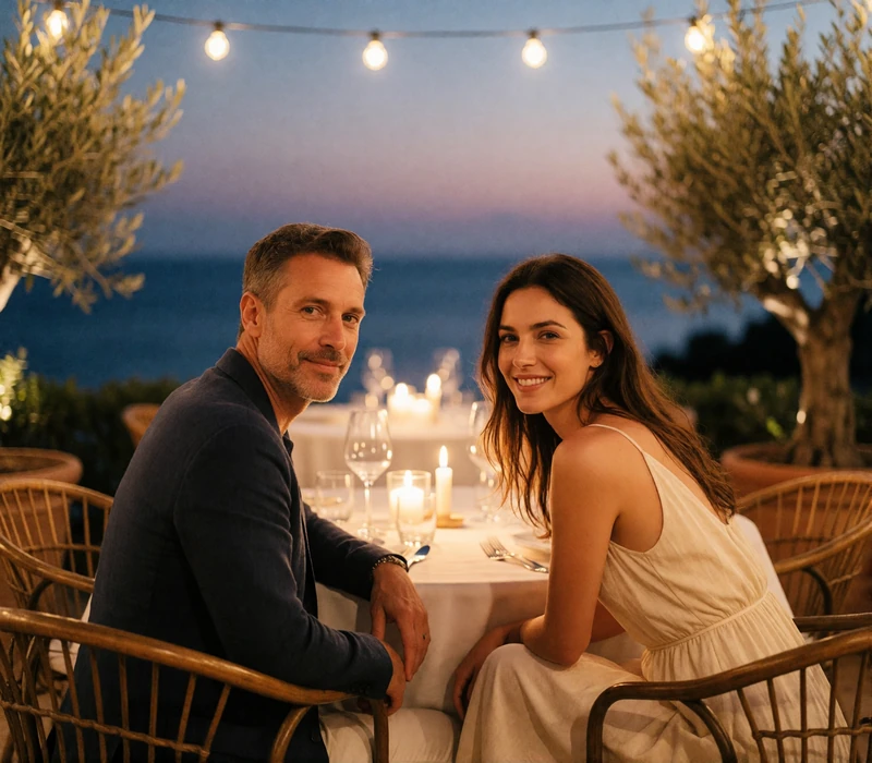 Couple seated at a candlelit table on a Riviera restaurant terrace overlooking the sea at dusk
