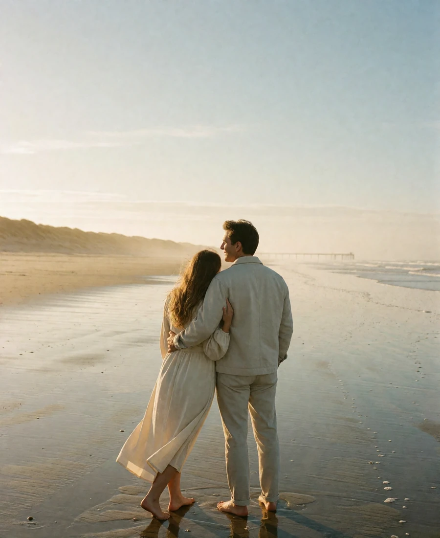 Couple standing together on a wide Belgian North Sea beach at golden hour