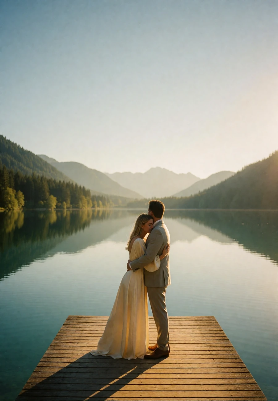 Couple embracing on a wooden jetty over a still alpine lake in Austria at golden hour
