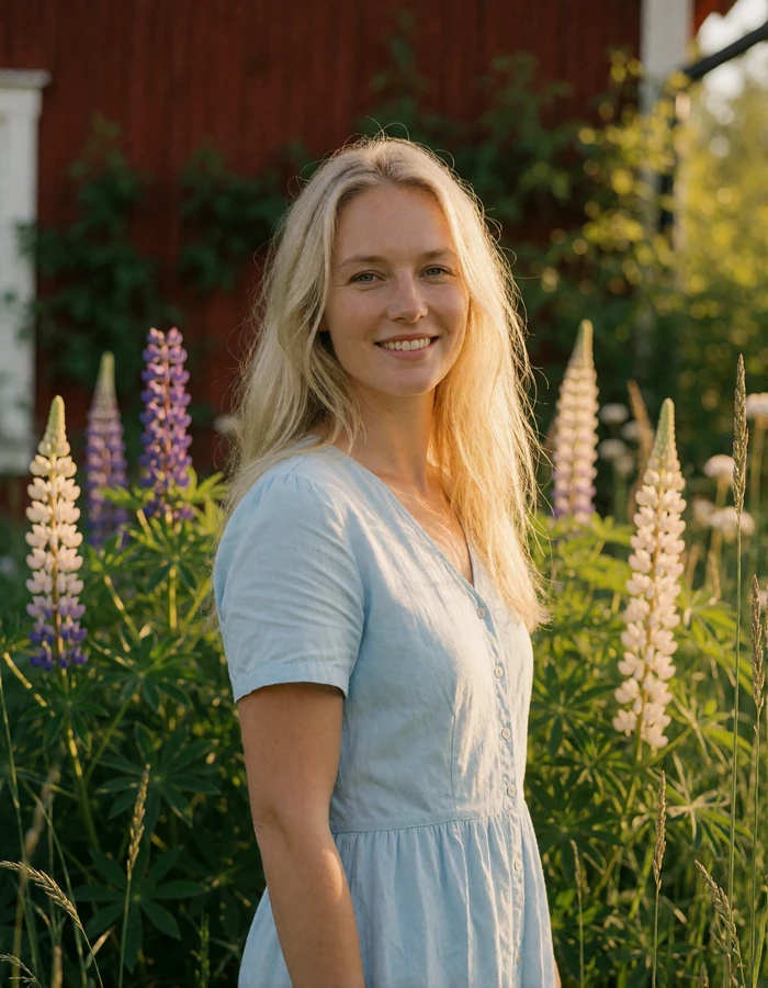 Finnish woman in a light blue cotton dress smiling in a small cottage garden with lupines