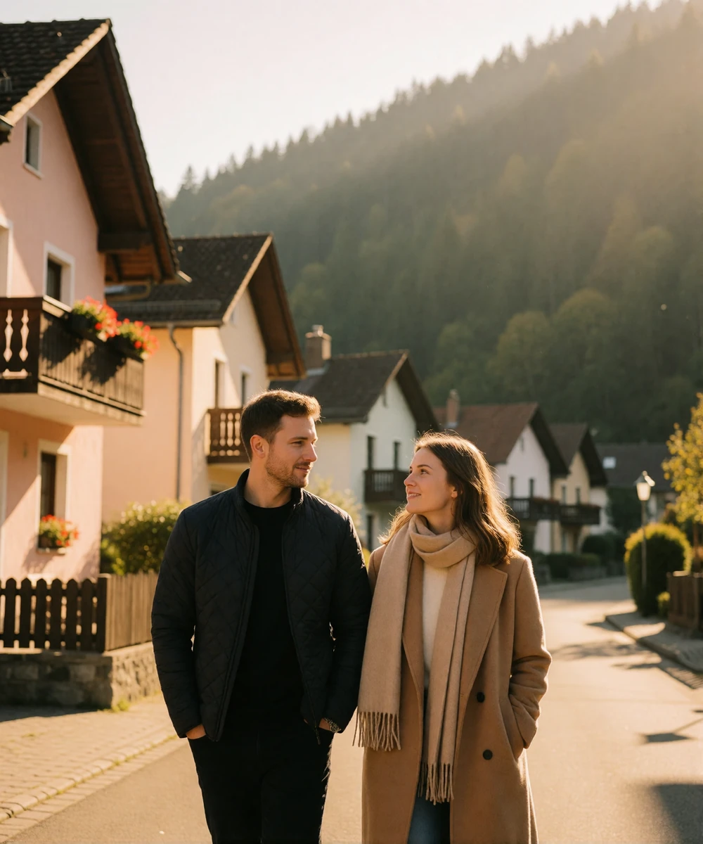 Couple walking along a quiet village street in the Rhine valley at golden hour
