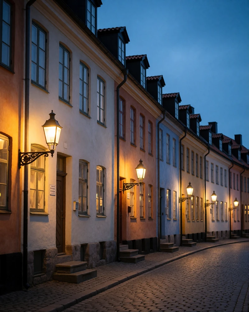 Quiet Northern European street of pastel townhouses glowing with warm lamplight at blue hour