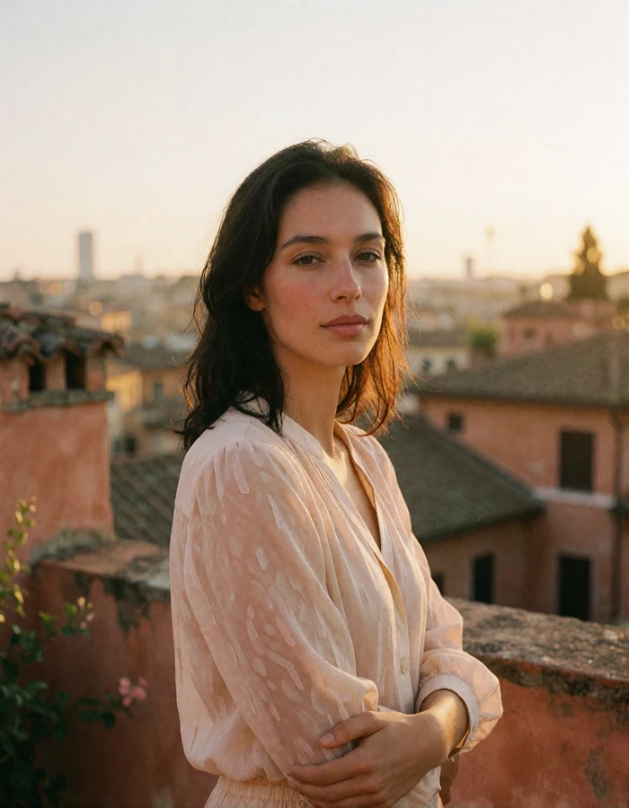Woman in a blush blouse standing on a Roman rooftop terrace at sunset