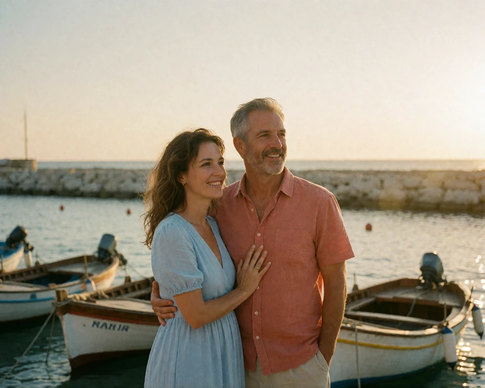 Couple standing close together on a small Cypriot fishing harbor quay at sunset
