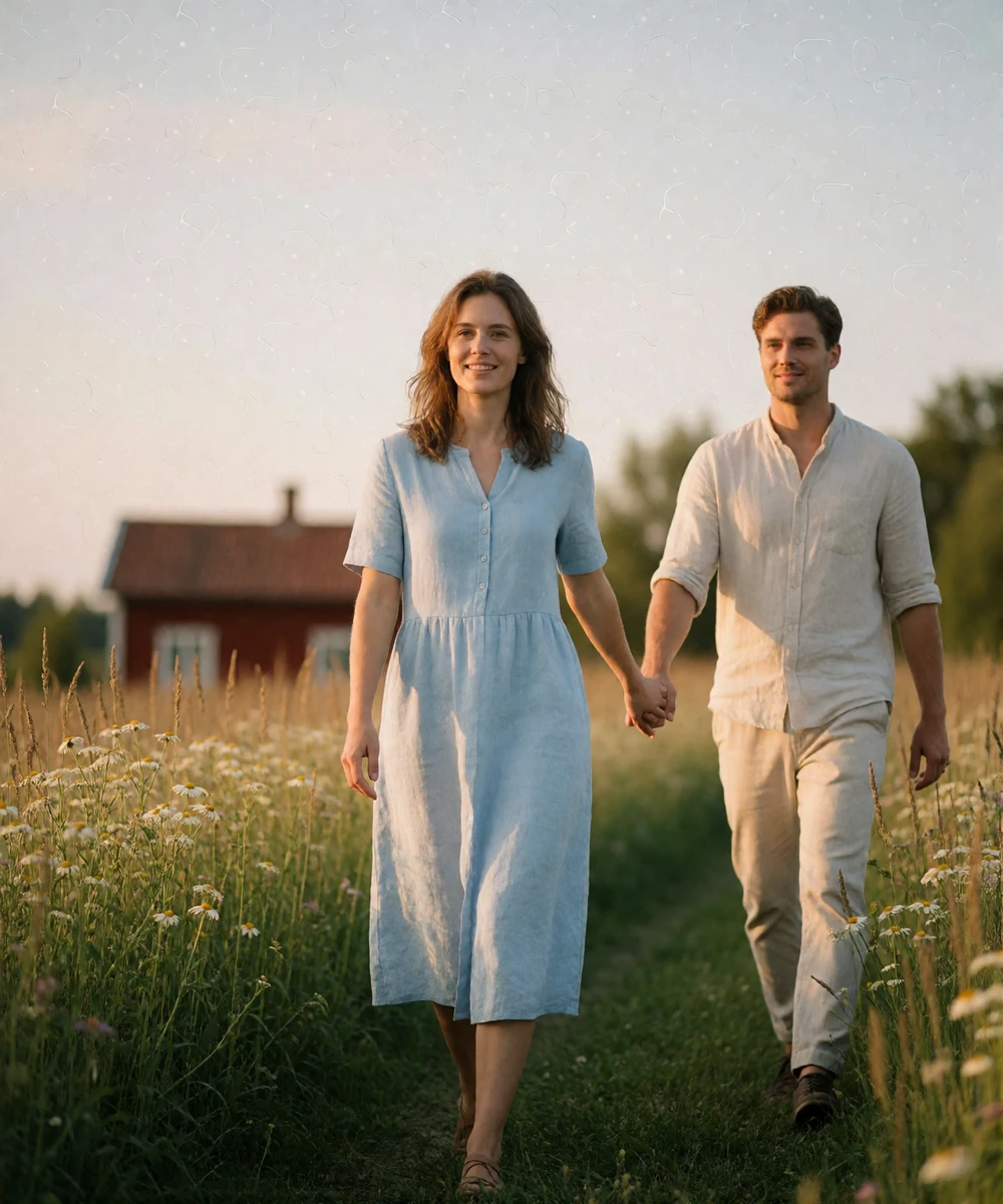 Swedish woman and man walking hand in hand through a summer meadow near a red timber cottage