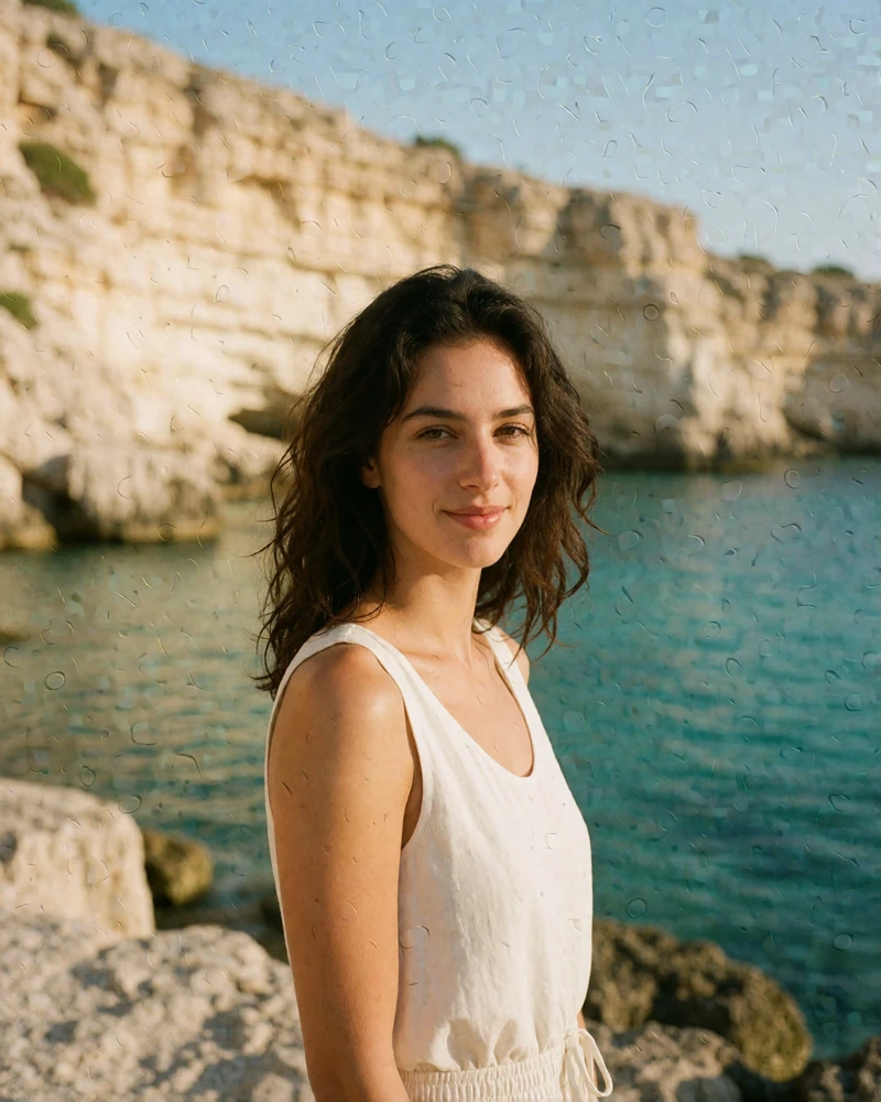 Greek member profile photo of a woman with dark hair smiling in warm coastal light