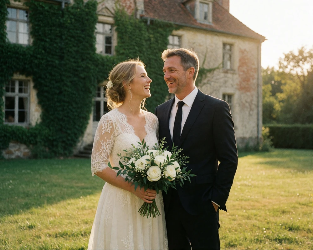 Newly married couple laughing together on the lawn of an ivy-covered stone manor in Ireland