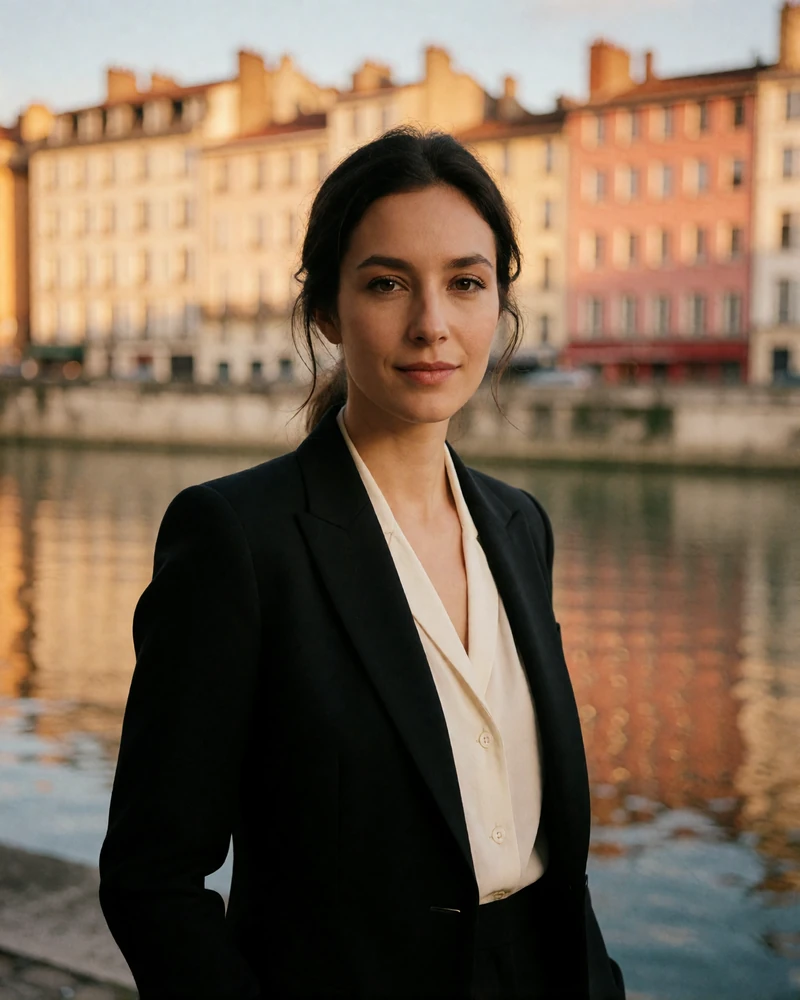French woman in a tailored blazer smiling on a riverside street in Lyon at dusk