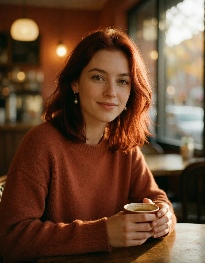 San Marinese woman in a rust-colored sweater smiling at a café window with warm light on her face