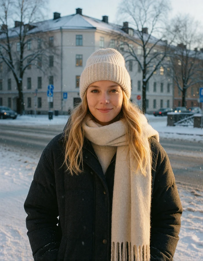 Swedish woman in a cream beanie and charcoal coat standing on a snow-dusted city street