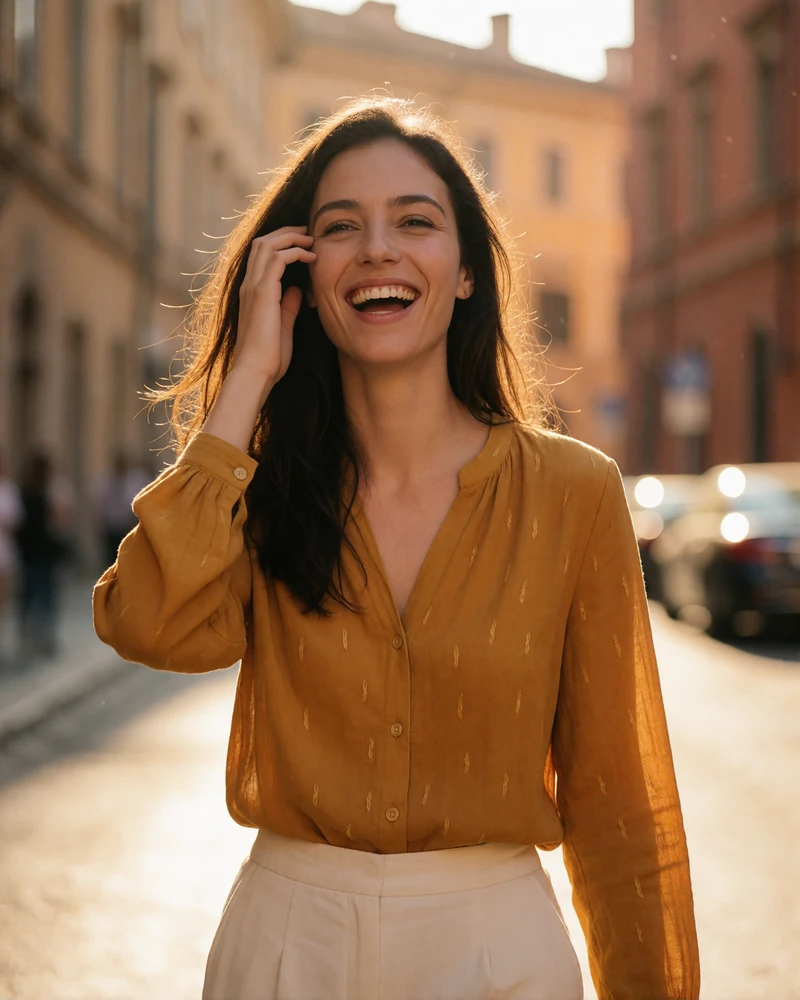 European woman with dark hair laughing freely while walking a sunlit city street