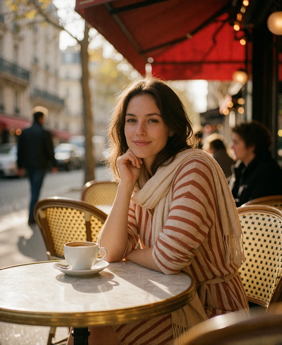 French woman in a striped top smiling at a small marble café table on a Parisian terrace