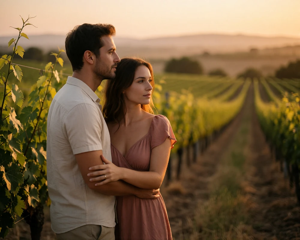Couple standing close together in a Spanish vineyard at dusk