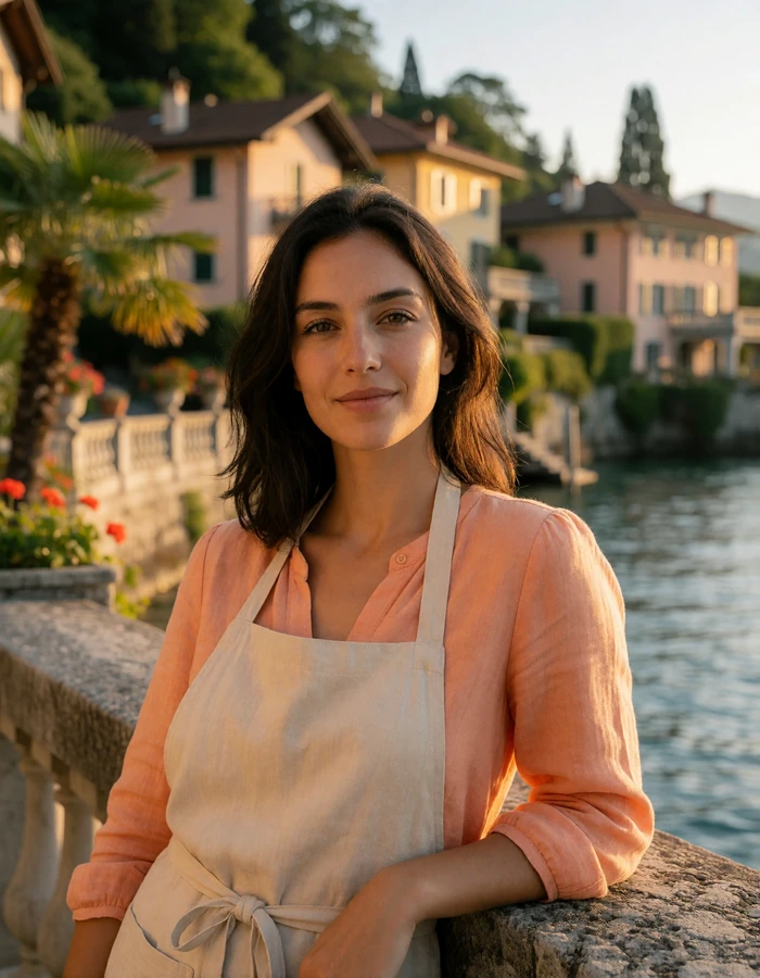 Swiss woman with dark brown hair in an apricot linen blouse leaning on a stone balustrade in a southern Swiss lakeside town