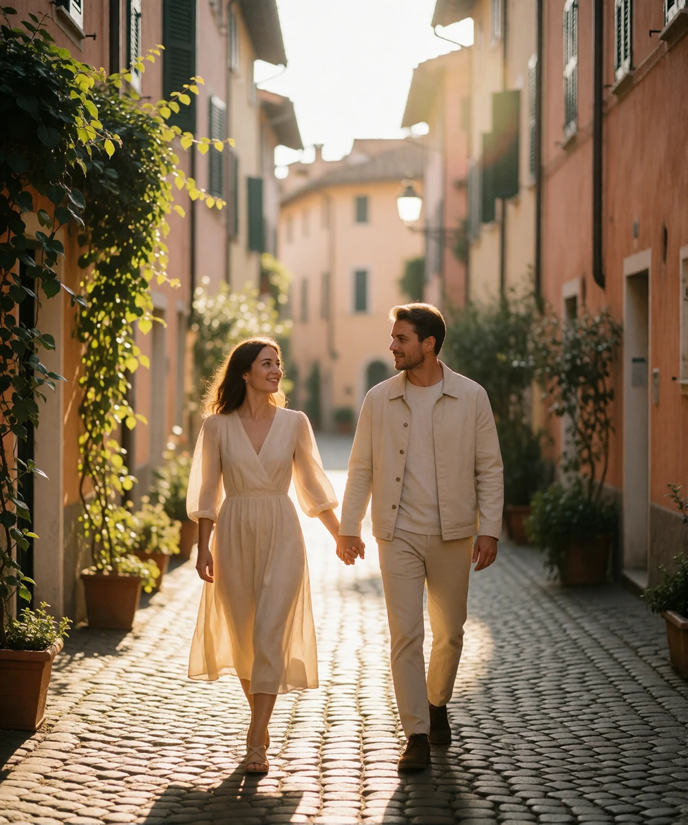 Couple walking hand in hand along a narrow cobbled street in an Italian old town at golden hour