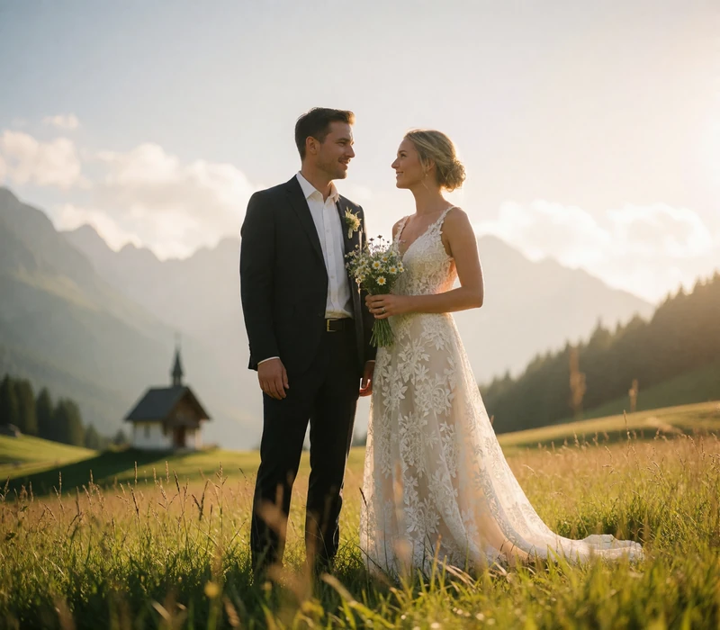 Bride and groom standing together in a meadow below alpine slopes
