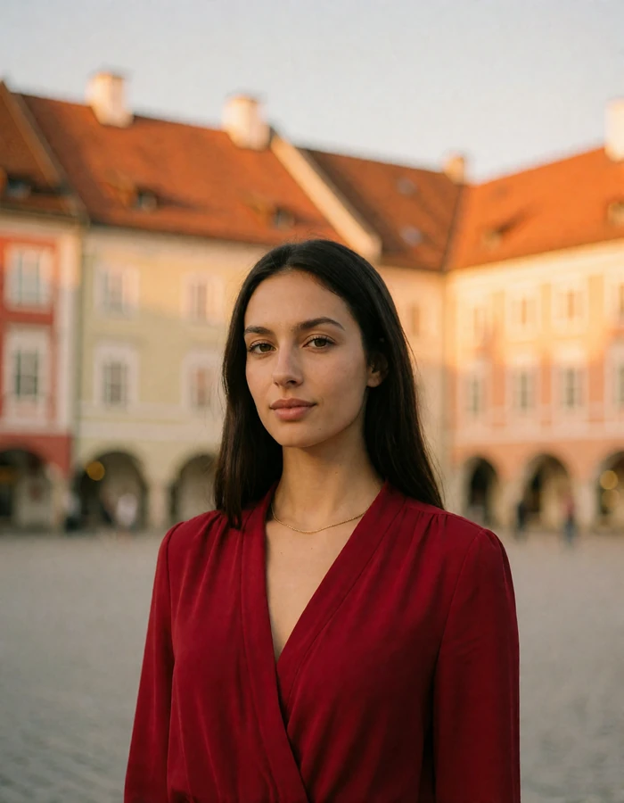 Austrian woman with straight dark hair standing in a southern Austrian city square with red-tiled roofs