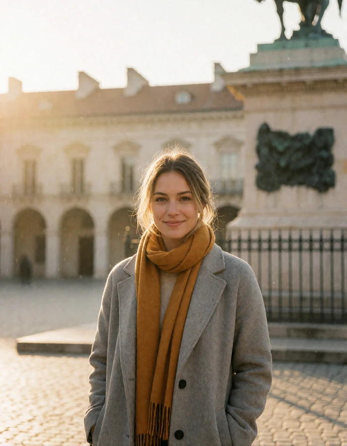 Luxembourg woman in a grey wool coat in a historic Luxembourg square