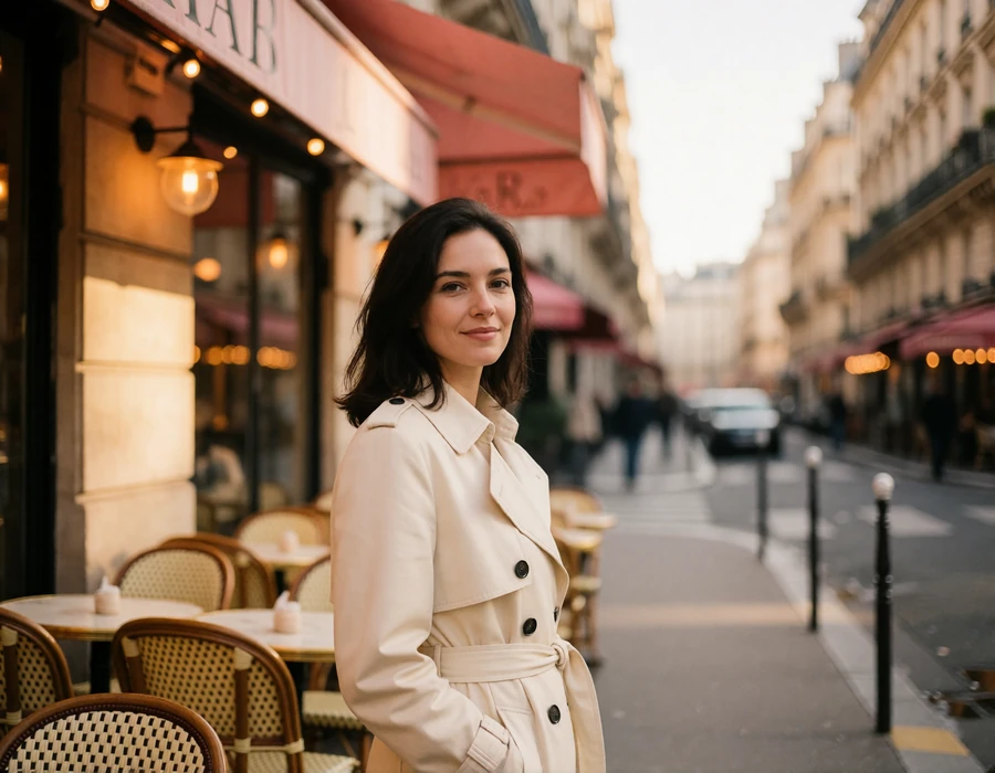 French woman in an ivory trench coat smiling on a Parisian café terrace corner