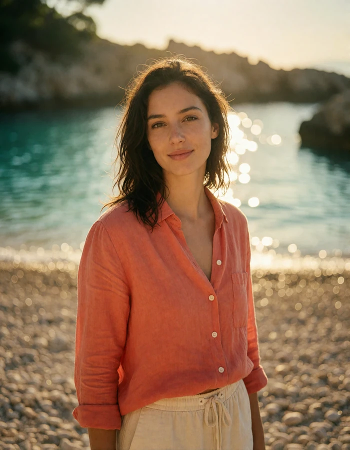 Dark-haired woman in a coral linen shirt near a pebble beach cove on the Monaco coastline