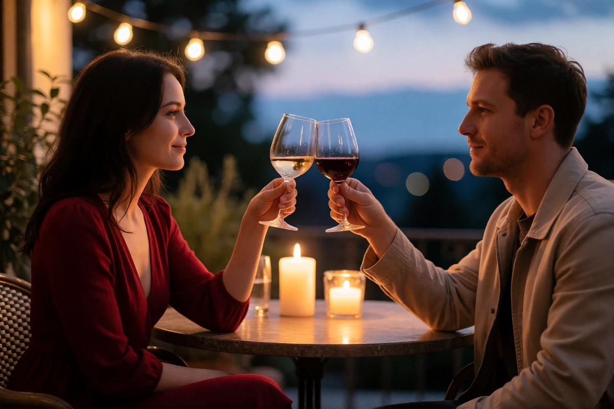 A European woman in a red dress raising a wine glass toward a man across a small terrace table at dusk