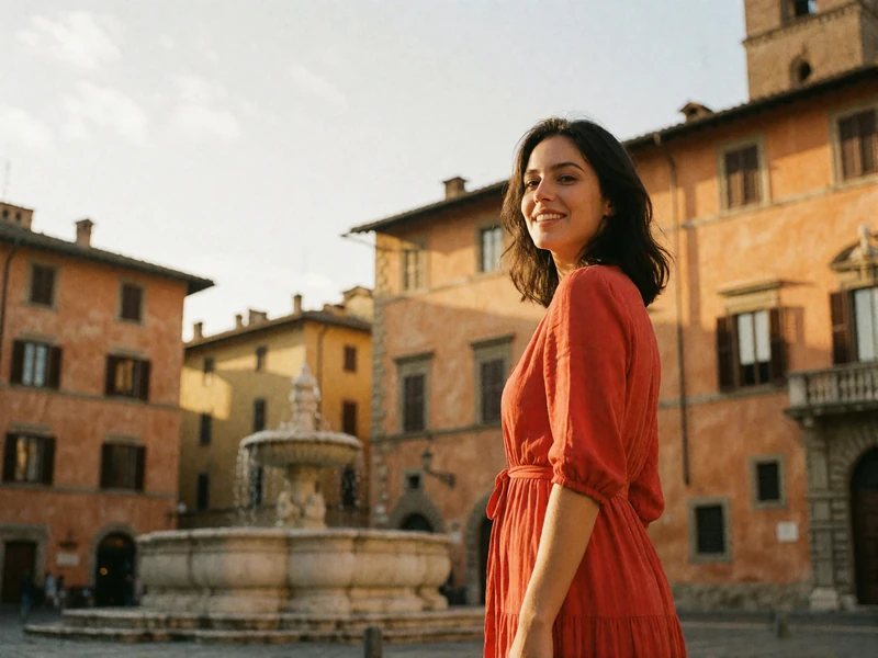 Italian woman glancing back with a bright smile in a historic piazza at golden hour