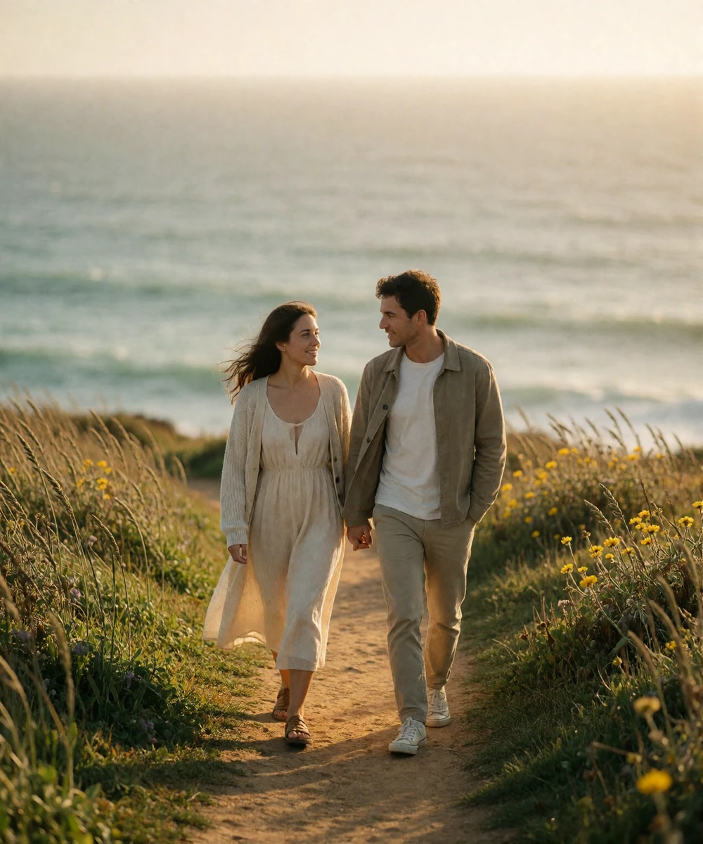 Couple walking together along a grassy clifftop path above the Portuguese Atlantic coastline