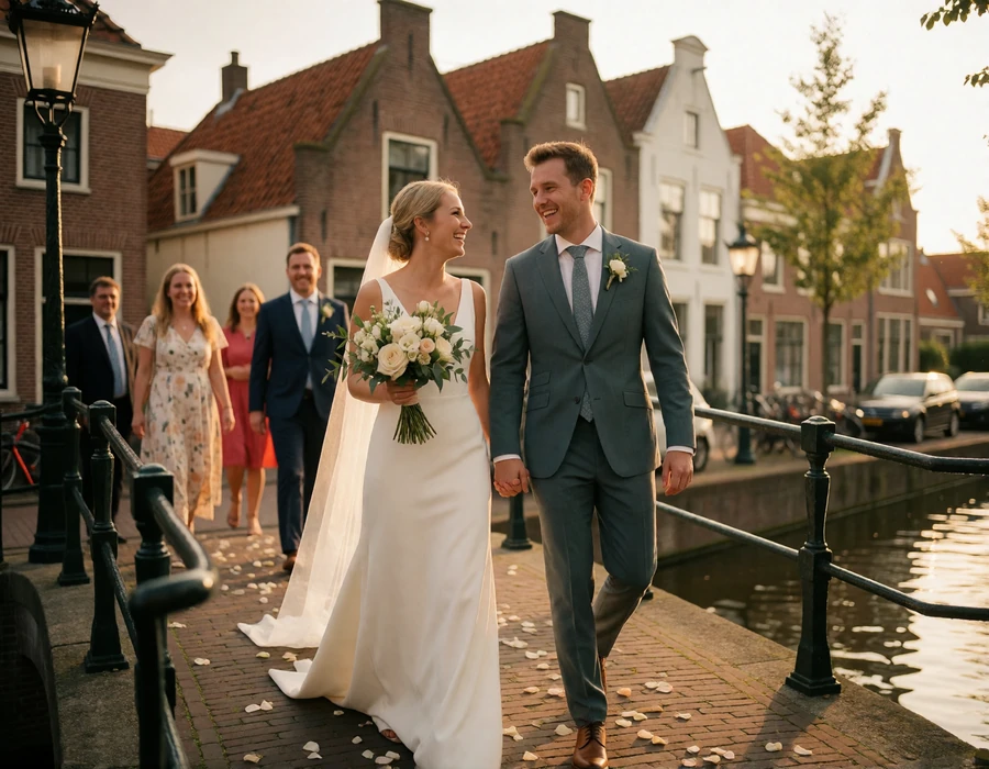 Bride and groom laughing as they walk across a small canal bridge in a Dutch town
