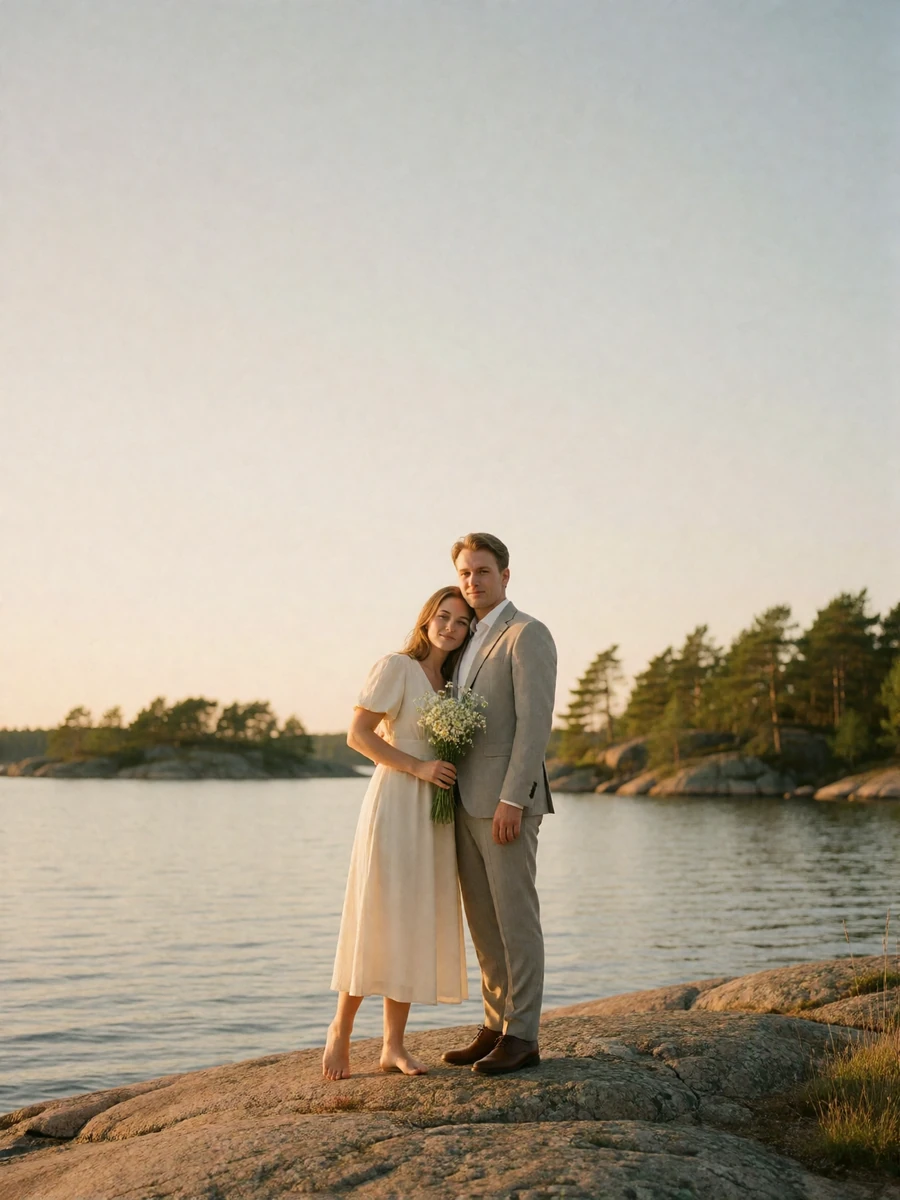 Couple standing on a granite shoreline in the Swedish archipelago on their wedding day