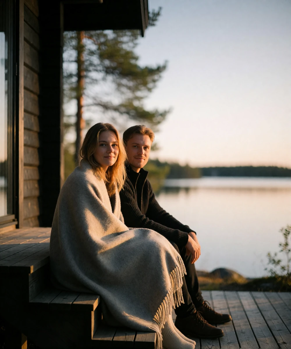Finnish woman wrapped in a wool blanket sitting beside a man on the steps of a lakeside cabin at evening