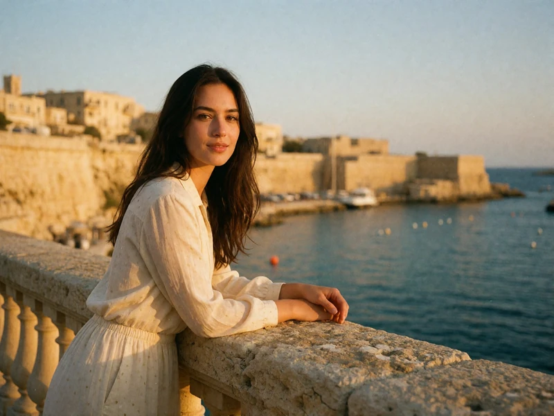 Maltese woman leaning against a honey-limestone balustrade above a calm harbor at golden hour