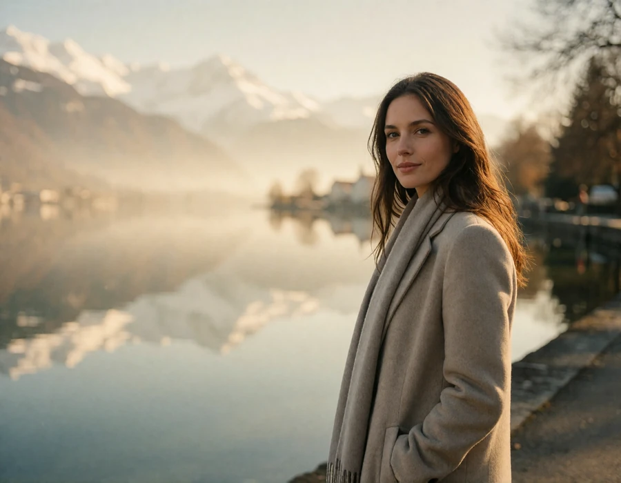 Swiss woman in a fine wool coat smiling on a lakeside promenade with snow-capped peaks behind her