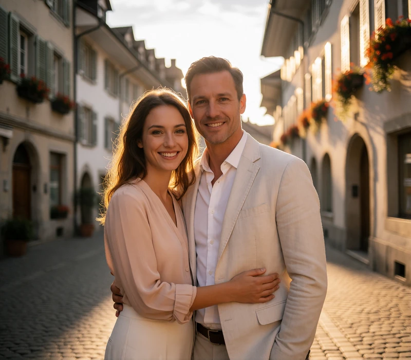 Couple walking arm in arm on a cobbled old-town street with historic façades in the background