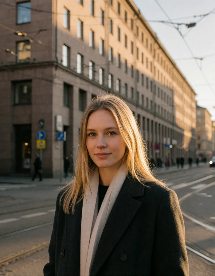 Finnish woman in a charcoal wool coat smiling on a Helsinki street corner with tram wires overhead