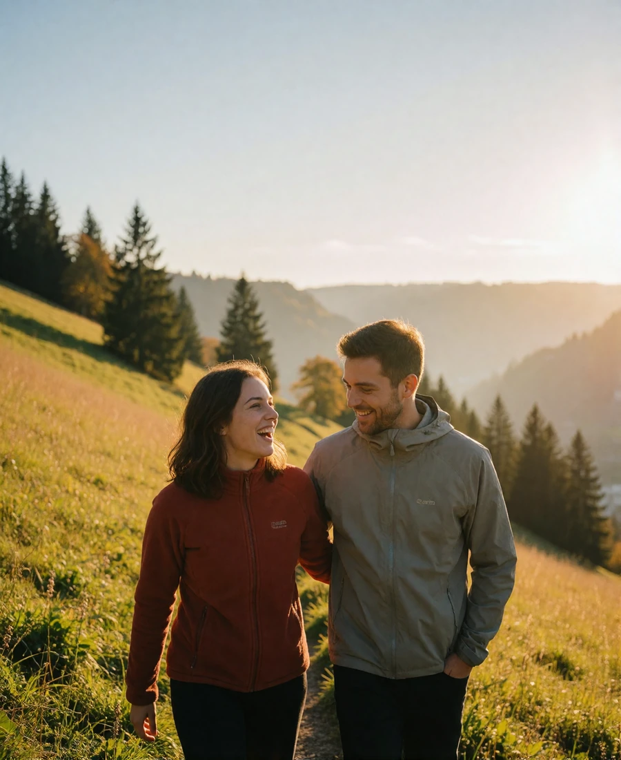 Couple walking a grassy alpine trail above the Rhine valley in warm evening light